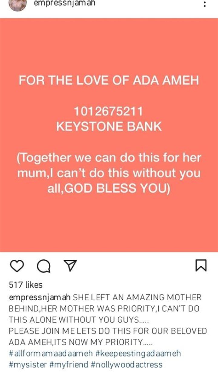 
“I Can’t Do This Alone” Empress Njamah Pleads With Nigerians As She Seeks Funds For Late Ada Ameh’s Mother 